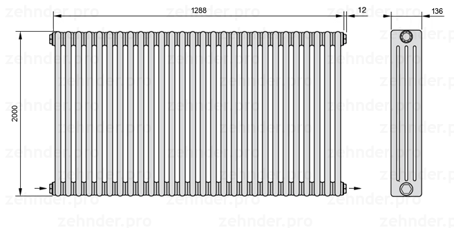 Схема (чертеж) Радиатор Zehnder Charleston 4200/28 №2670 Белый глянцевый RAL 9016